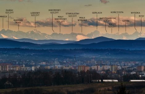 Piękna panorama Tatr z Krakowa – podpisane szczyty